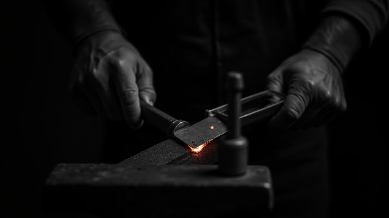 Close-up of Charles L Dunlap's rugged hands working steel