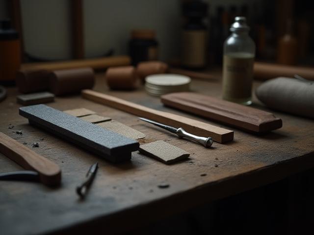 A view of the workbench where final assembly, sharpening, and oiling of knives takes place.