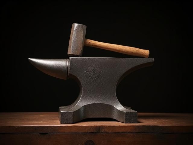 A classic shot of an anvil with a hammer resting on it, possibly with a piece of hot steel.