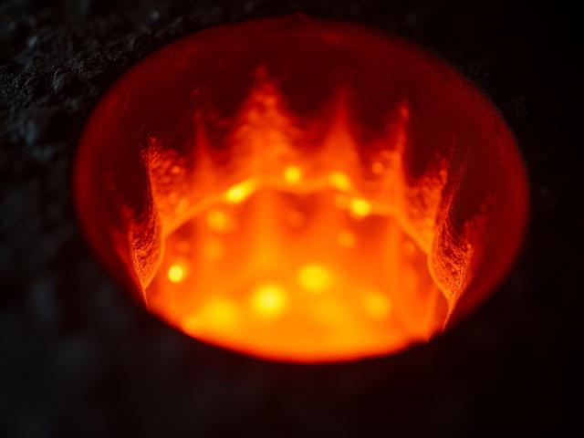A dramatic shot of a glowing gas forge, intensely hot and ready for steel.