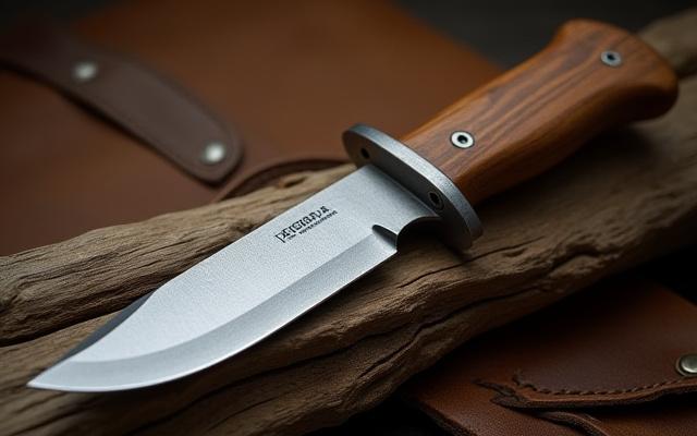 Handmade hunting knife with a visible hamon line, showcasing differential heat treat.