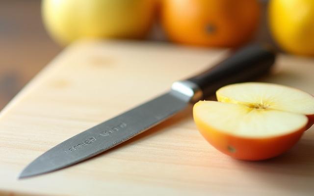 Small carbon steel paring knife with a subtle, natural food-developed patina.