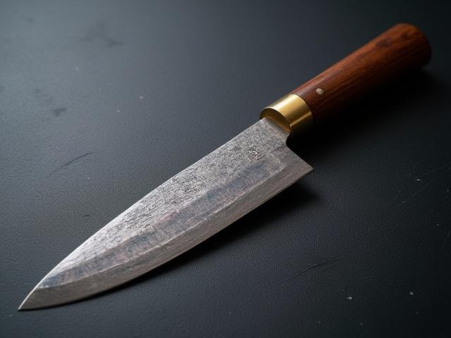An 8-inch carbon steel chef knife displaying a beautiful forced patina, paired with a gleaming brass bolster and a dark wooden handle.