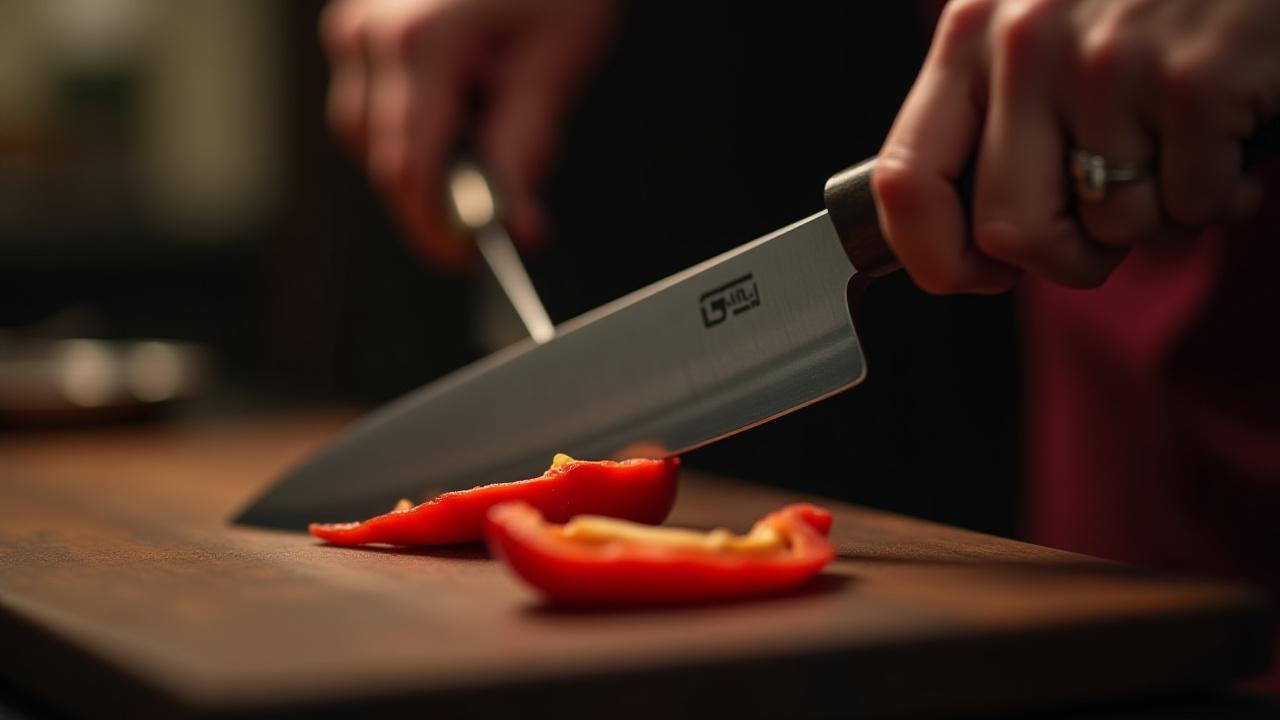 A finely crafted, razor-sharp gyuto knife meticulously slicing through vibrant vegetables on a wooden cutting board, showcasing incredible precision and control.