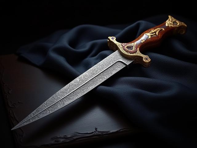 Ornate art dagger with an exotic wood handle and intricate detailing