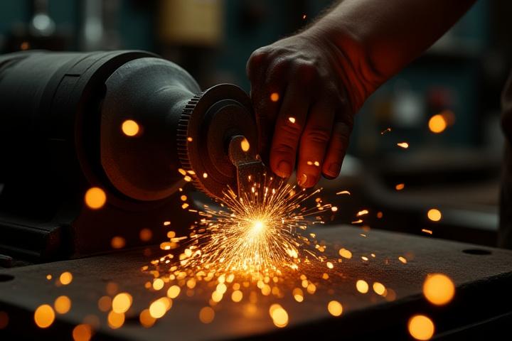 Close-up of a grinding machine in action, sparks flying, showcasing the knife grinding process.