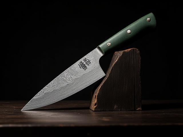 Heavier Chinese cleaver style knife with a bold 'twist' Damascus pattern and a sturdy canvas micarta handle for a firm grip.