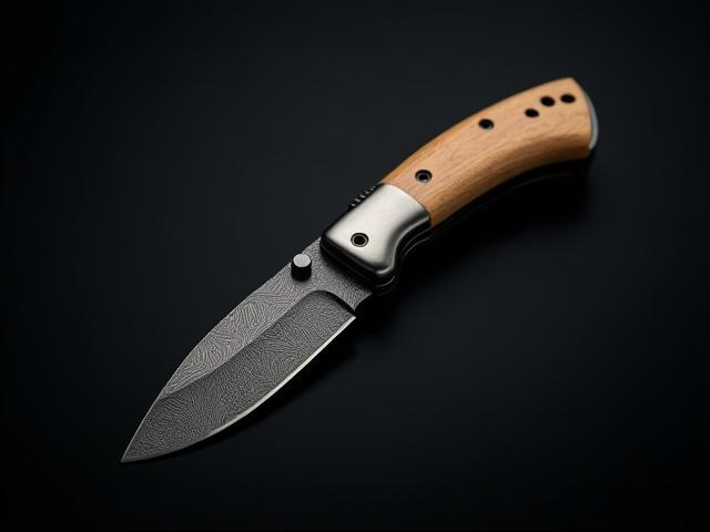 Small petty knife with a delicate 'ladder' Damascus pattern and a light exotic wood handle.