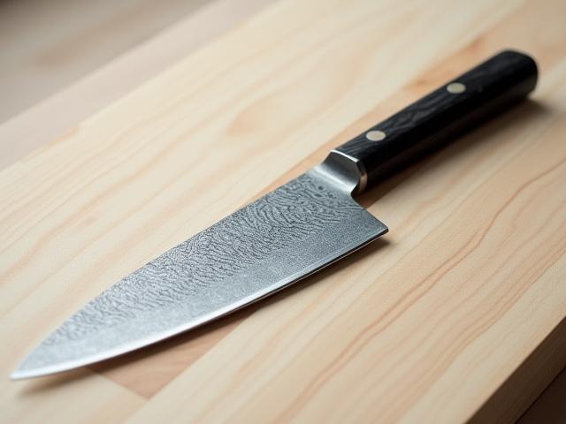 Santoku knife featuring a prominent 'raindrop' Damascus pattern on the blade, paired with an elegant dark composite handle.