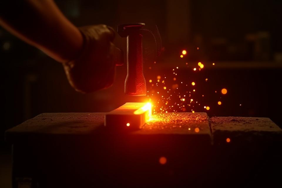 Dramatic photo of two steel billets glowing red, being forge-welded together on an anvil by a bladesmith's hammer, sparks flying.