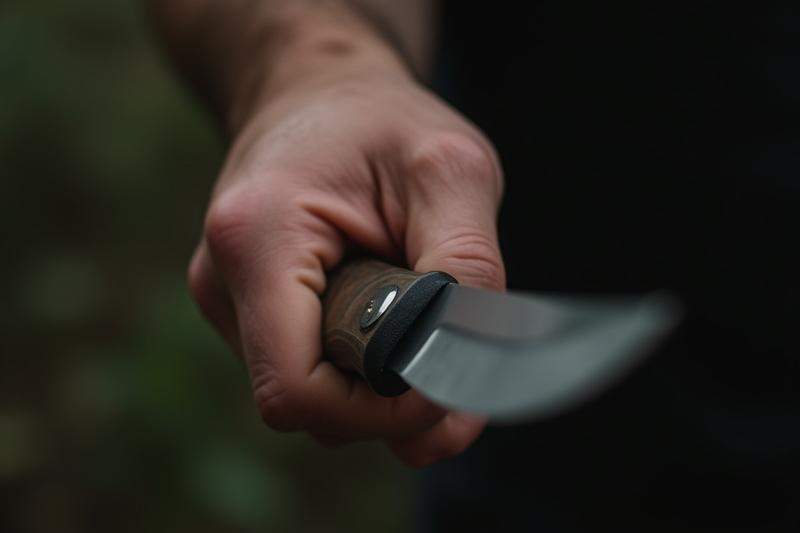 Detailed shot of a hand firmly gripping a hunting knife handle, emphasizing ergonomic design and secure hold