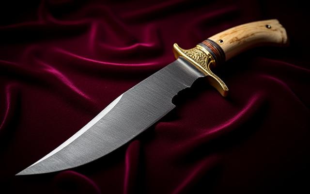 A large, custom-forged Bowie knife with stag handle and ornate guard