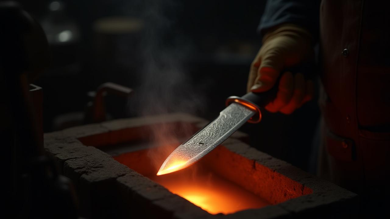 Close up of a sparkling, hand-forged Damascus steel blade