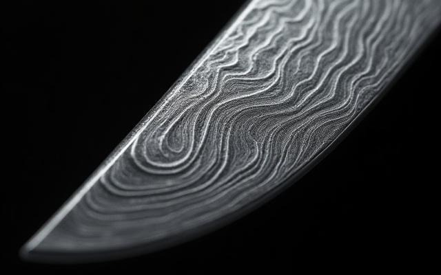 Close-up intricate pattern of a Damascus steel blade