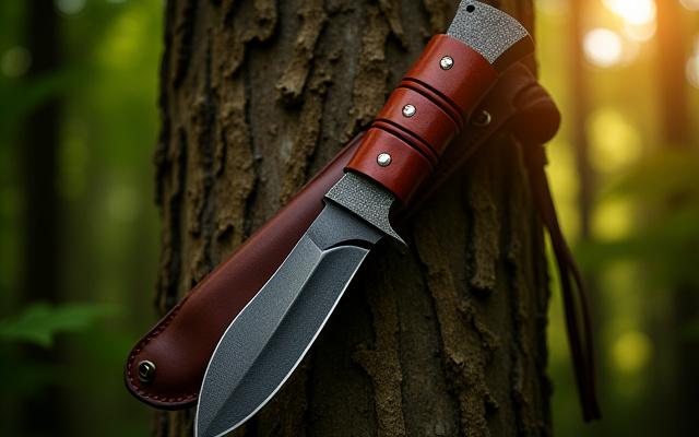 A rugged, handmade hunting knife with a leather sheath set against a natural outdoor backdrop