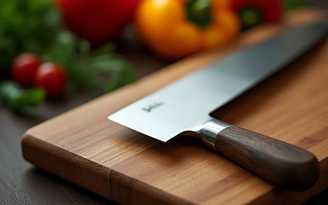 A finely crafted custom gyuto kitchen knife on a wooden cutting board with fresh vegetables