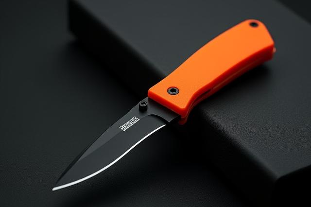 Small fixed-blade EDC knife with a black Cerakote finish and striking orange G10 handles.
