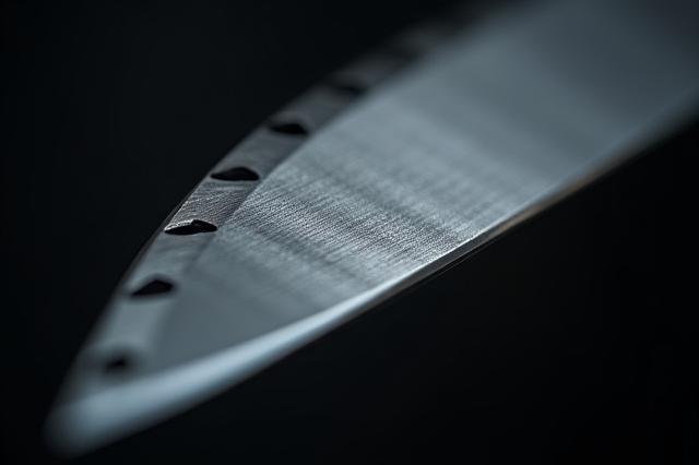 Close-up view of aggressive jimping on the spine of a knife blade for enhanced thumb grip.
