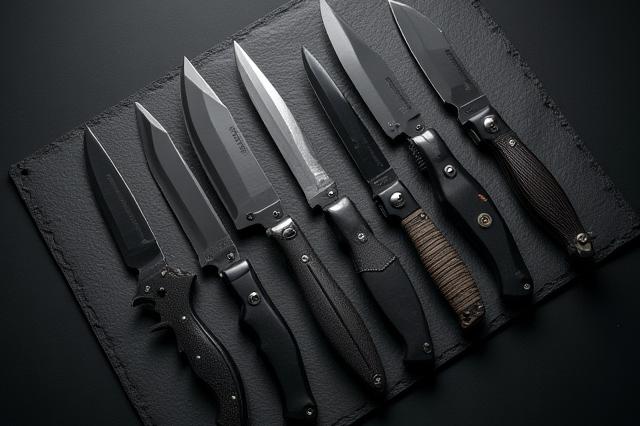 Arrangement of several EDC and tactical knives, highlighting different sizes and blade styles.